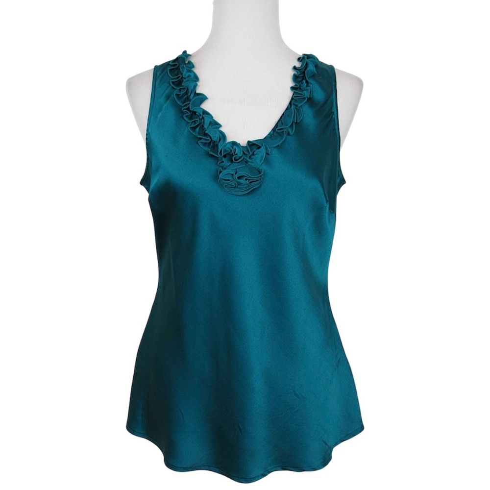 OSCAR DE LA RENTA Teal Sleeveless Silk V-Neck Tank Blouse Ruffle Rosette Size 12